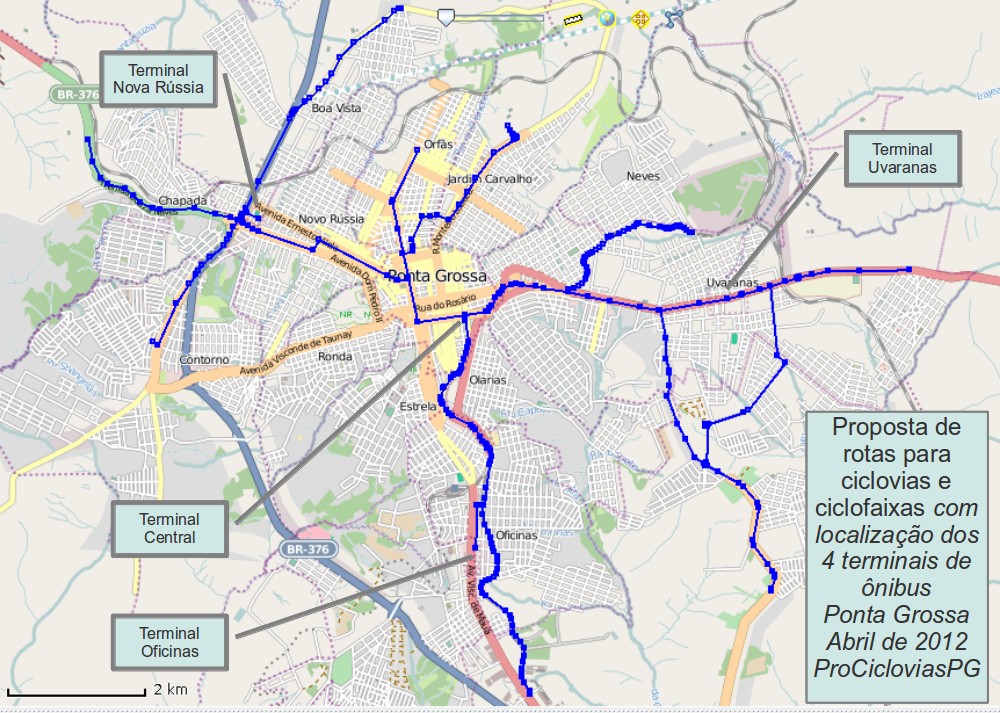 Legenda: ONG ProCiclovias mapeou regiões que podem receber ciclofaixas em Ponta Grossa. Fonte: Projeto ProCiclovias
